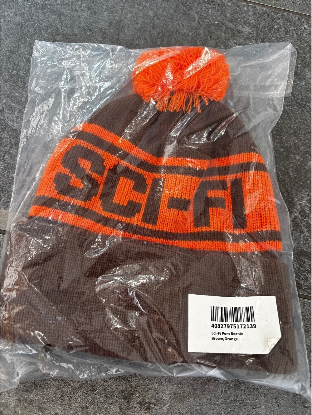 Sci-Fi Fantasy Pom Pom Beanie Brown and Orange Knit Cap